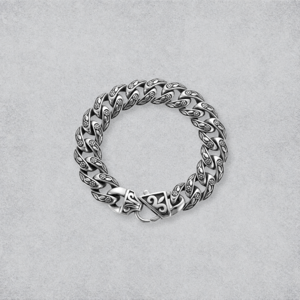 Floral Engraved Silver Link Bracelet | Vintage Statement Bracelet