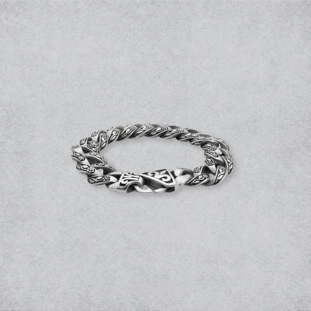 Floral Engraved Silver Link Bracelet | Vintage Statement Bracelet
